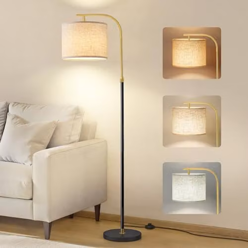 Lámpara de pie VASAGLE con pantalla de tela beige y estructura de metal negro, regulable en altura, con casquillo E27 y bombilla LED incluida