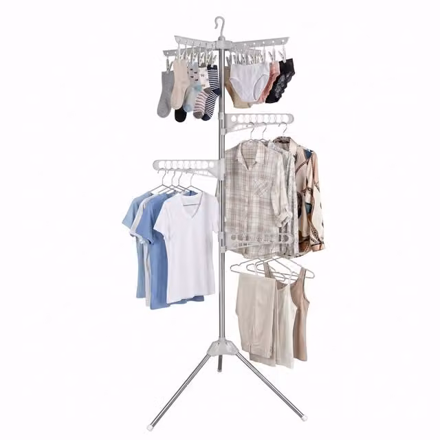 Tendedero plegable con brazos extensibles Relaxdays en color blanco y plateado, incluye 27 perchas y 24 pinzas, Altura: 170 cm