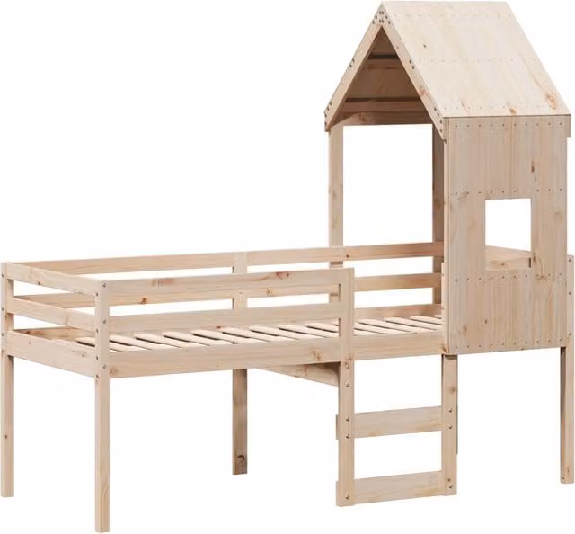 Cama alta infantil SYFAX de madera maciza de pino con estructura de casa en color arena, An/P/Al: 90 x 200 x 205,5 cm