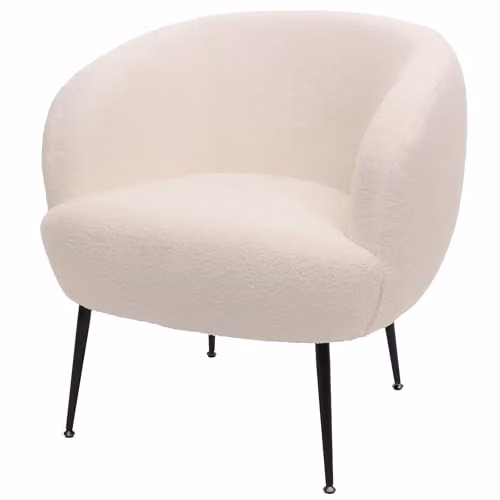 Sillón de salón Mendler tapizado en tela bouclé blanco con estructura de metal y diseño moderno para salón u oficina en casa