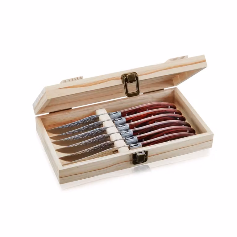 Juego de 6 cuchillos chuleteros Gefu con bloque de madera en color plata