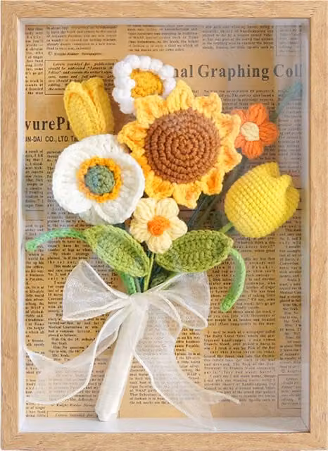 Portarretratos de Flores de Girasol Tejidas a Mano IROVAMI, Decoración Floral de Mesa en Color Amarillo