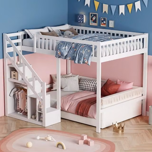 Cama Alta SOLKVUNZA de Madera Maciza Blanca con Escalera de Almacenaje para 2 Personas, Diseño Moderno para Dormitorio Infantil o Juvenil, An/P/Al: 200 x 140 x 161 cm