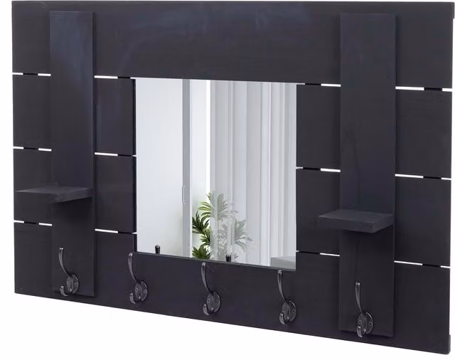 Perchero de pared con espejo HHG 933 estilo shabby chic vintage en madera de paulownia, 5 ganchos, Gris Oscuro, An/Al: 90 x 60 cm