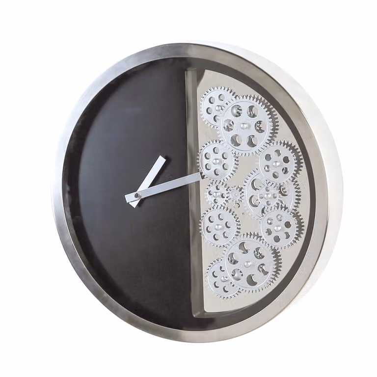 Reloj de pared analógico Casablanca Engranajes en metal y cristal, color plata y negro, Diámetro: 39 cm, Altura: 6 cm
