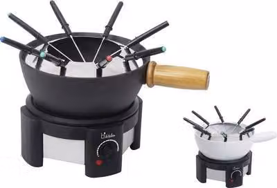 Fondue Eléctrica Bikitchen 200 de 1500 W con Termostato Regulable en Negro y Plata con Set de Tenedores y Recipiente de Cerámica y Acero Inoxidable An/P/Al: 22,5 x 20,5 x 10,5 cm