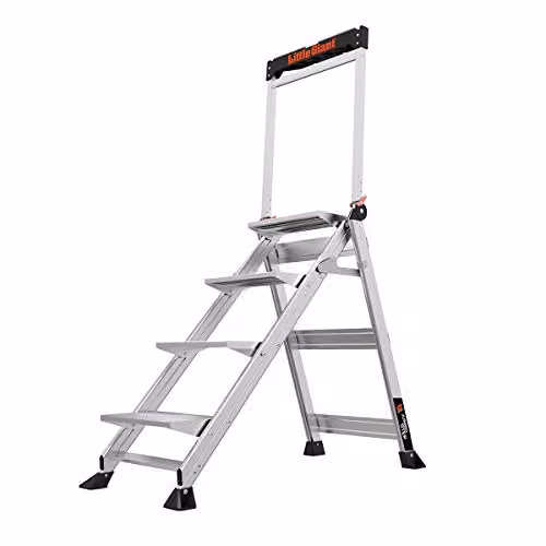 Escalera de peldaños Little Giant Jumbo con pasamanos, aluminio, color plata