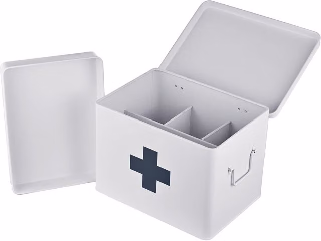 Caja metálica Northix para almacenamiento de medicamentos con 4 compartimentos en gris o blanco