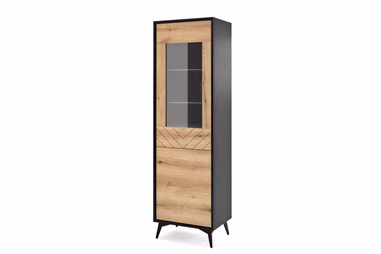 Vitrina moderna AKL FURNITURE con puertas de cristal y estantes internos en color beige, negro y marrón