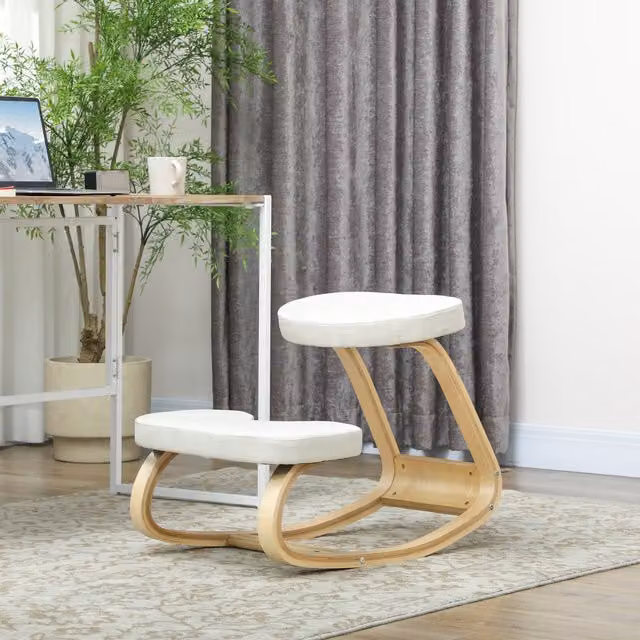 Silla de rodillas ergonómica HOMCOM de madera de abedul con asiento de tela en color beige para oficina o casa