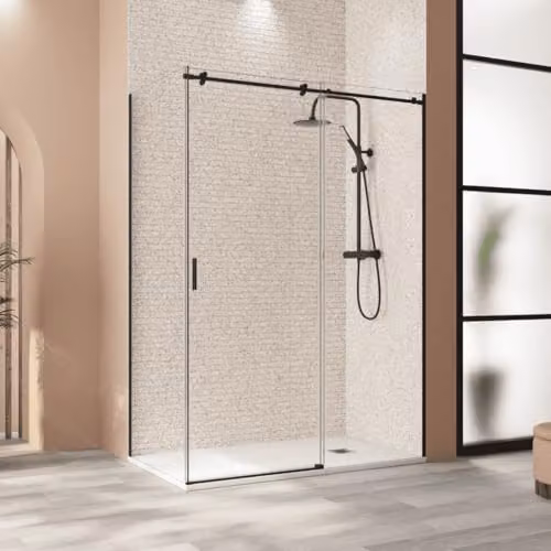 Mampara de ducha rectangular Baño Total con perfil negro mate y cristal transparente con tratamiento easy clean, sistema corredera de dos partes, An/P/Al: 120 x 80 x 195 cm