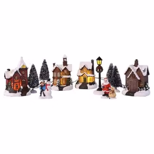 Adorno de escena de pueblo navideño HI con luces LED multicolor y detalles de nieve para mesa