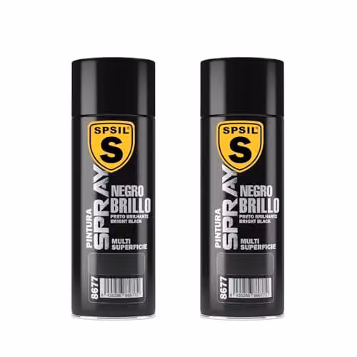 Pack de 2 unidades de Pintura Spray SPSIL Negro Brillante de 200 ml para Metal, Madera y Plástico con Secado Rápido