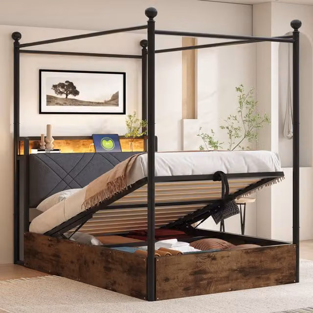 Cama con dosel Mivray en color negro con almacenamiento hidráulico, iluminación LED y puertos USB/Type-C, An/P/Al: 90 x 190 x 120 cm