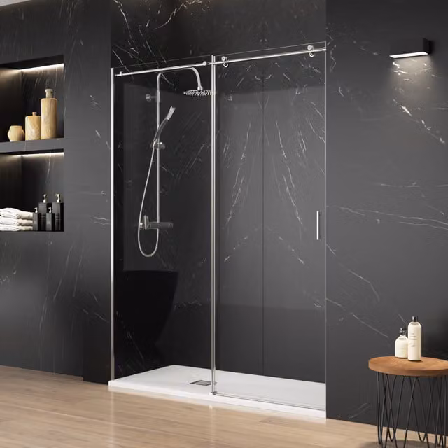 Mampara de ducha frontal B BAÑO TOTAL con una puerta corredera y un panel fijo, diseño rectangular en cristal transparente con perfil plata, An: 160 cm, Al: 195 cm