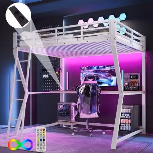 Cama alta OKWISH blanca con iluminación LED, estantería, toma de corriente y puerto USB, An/P/Al: 200 x 140 x 177,5 cm