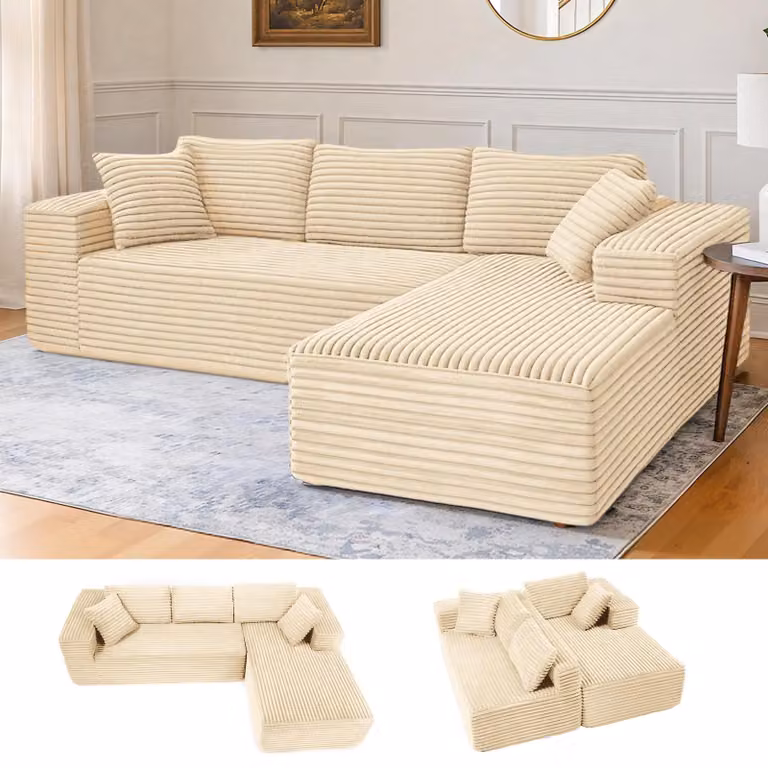 Sofá modular en forma de L Comhoma reversible con asiento profundo y cojines, tapizado en tela beige, An: 277 cm x P: 174 cm x Al: 59 cm