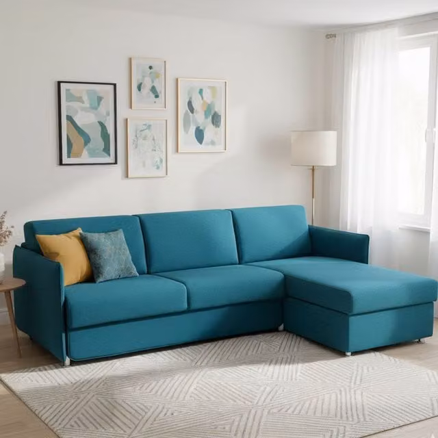 Sofá cama con chaise longue Sumirago DMORA de color azul, con fundas desenfundables y función de cama, An/P/Al: 260 x 160 cm
