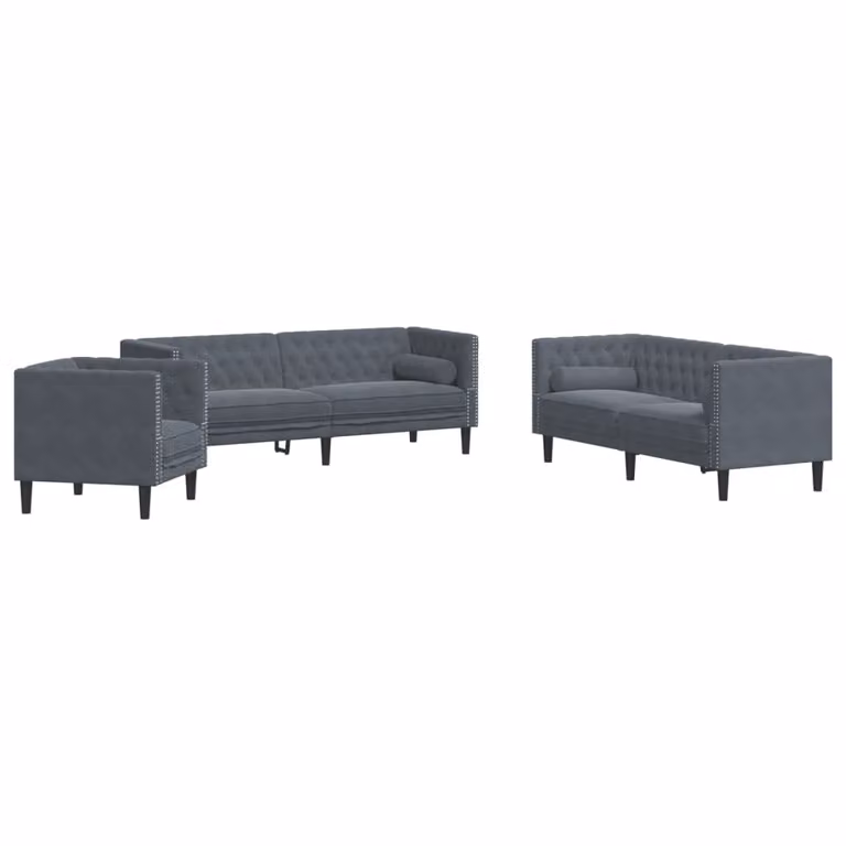 Set de sofás Chesterfield vidaXL de 3 piezas tapizados en terciopelo gris con cojines para salón