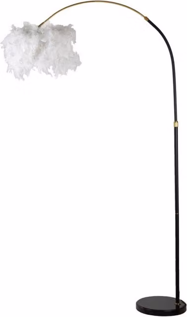 Lámpara de pie de arco Kendra Home con pantalla de plumas blancas, estructura de metal y base de mármol, Altura: 180 cm
