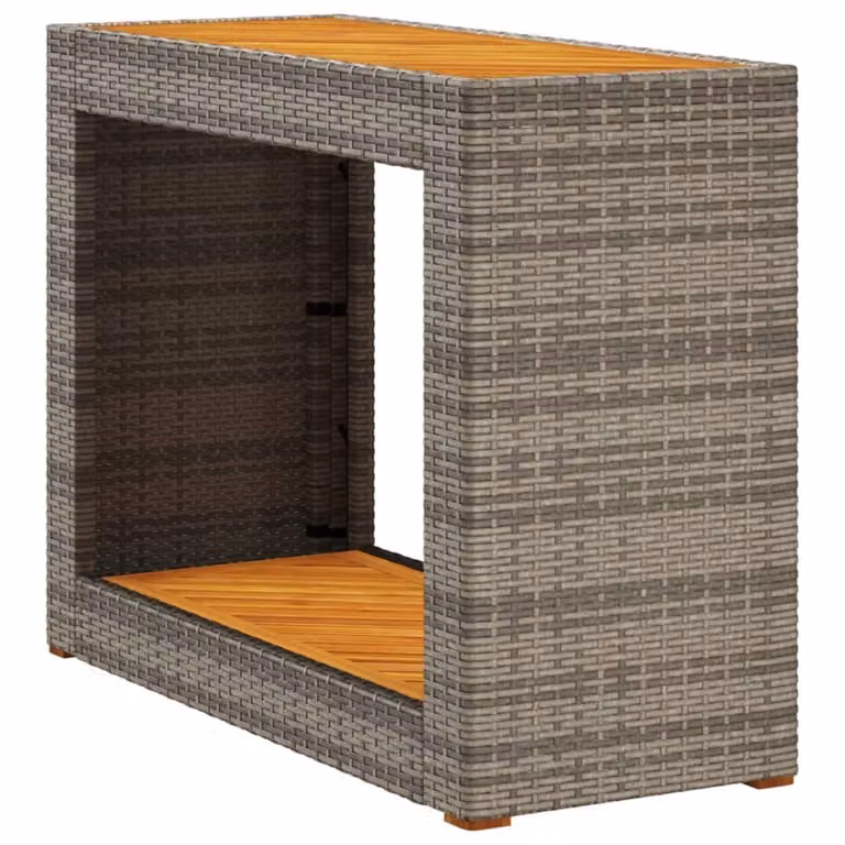Mesa auxiliar de jardín y terraza Syfax con tapa de madera de acacia y ratán en color gris y marrón, An/P/Al: 100 x 40 x 75 cm
