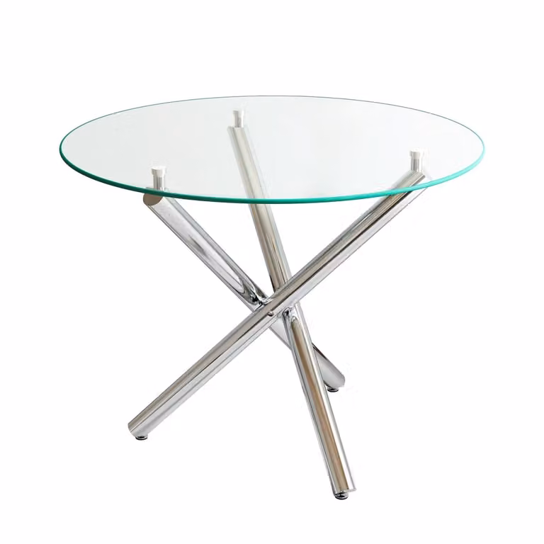 Mesa de comedor redonda MODFU de cristal transparente y patas de metal plateado, An/P/Al: 80 x 80 x 77 cm
