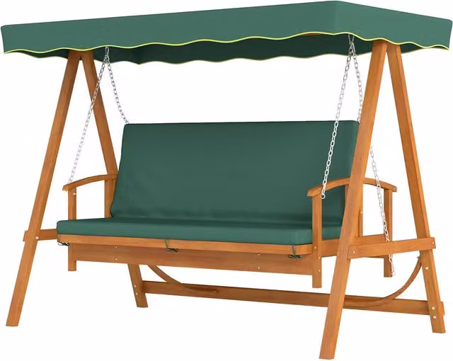 Columpio de jardín NORTHIX de 3 plazas con toldo y cojines en color verde, convertible en cama y fabricado en madera de abeto tratada con capacidad de hasta 330 kg