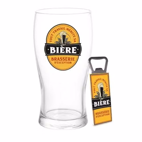 Set de 2 vasos de cerveza de vidrio STC con abrebotellas incluido en color blanco y transparente en cofre de regalo