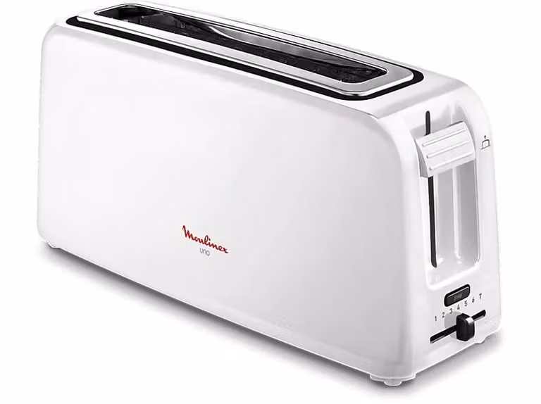 Tostadora Moulinex LS1A11 UNO de 900 W en color blanco con 7 niveles de tostado, función de parada automática y bandeja recogemigas