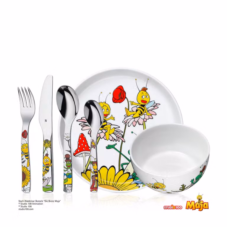Juego de cubiertos infantiles WMF de 6 piezas en acero inoxidable y porcelana multicolor con estuche