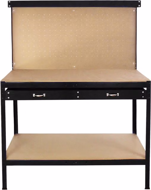 Banco de trabajo MONSTERSHOP de metal y madera en color negro con panel perforado y cajón, capacidad de carga 200 kg, An/P/Al: 155 x 120 x 60 cm