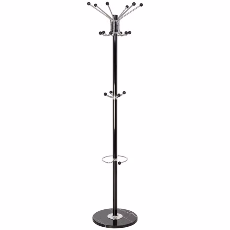 Perchero de pie WANDERLUST de metal negro y plata con paraguero y ganchos, An/P/Al: 36 x 36 x 175 cm
