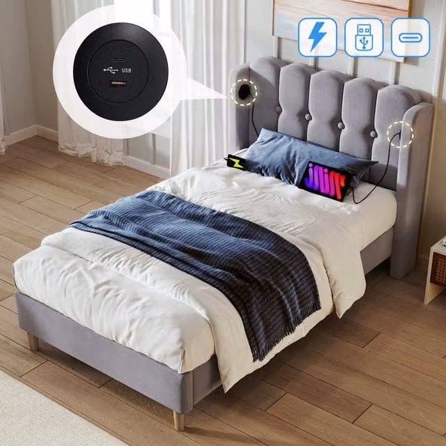 Cama Individual Tapizada Kellany con Carga USB Tipo-C y Somier de Láminas en Gris, 90 x 200 cm
