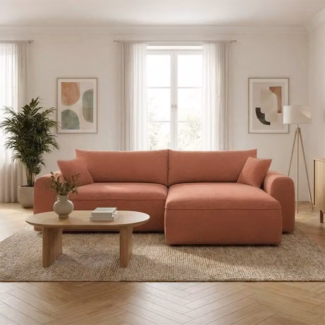 Sofá esquinero convertible Belair de Concept-Usine, 4 plazas, tela boucle naranja con estructura de madera y función de cama