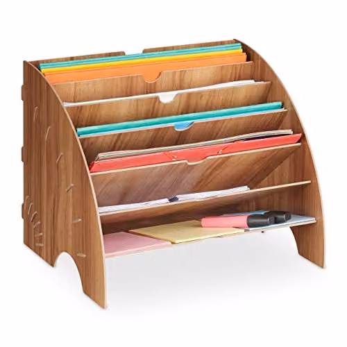 Bandeja organizadora de documentos Relaxdays con 6 compartimentos, madera MDF, color marrón, An/P/Al: 34 x 27 x 27 cm