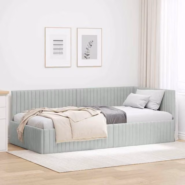 Estructura de cama con chaise longue asimétrica Maison Exclusive en terciopelo gris, An/P/Al: 204 x 90 x 72 cm