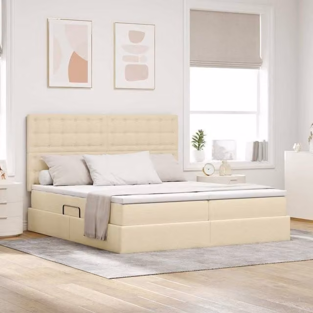 Cama con almacenamiento y cabecera Maison exclusive en color beige y tela, An/P/Al: 200 x 200 x 280 cm