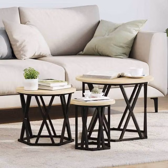 Mesa lateral nido de 3 piezas Maison Exclusive en acabado roble sonoma, An/P/Al: 53 x 53 x 40 cm