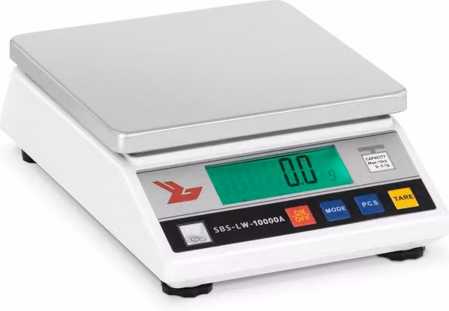 Balanza de precisión digital Steinberg Systems con pantalla digital y acabado en acero inoxidable, color blanco, capacidad de 10 kg y precisión de 0,1 g