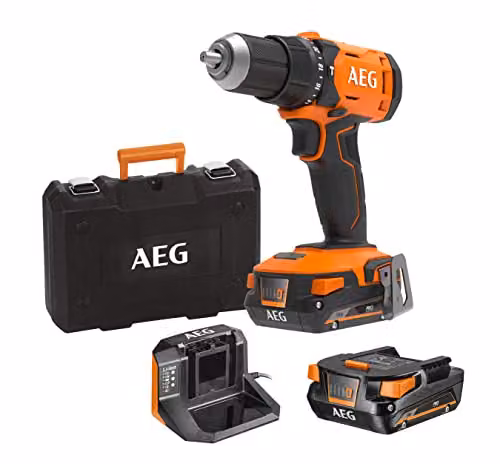 Taladro de percusión AEG BSB18G4-402C de 18 V con 60 Nm, mandril de 13 mm, 2 velocidades, incluye 2 baterías de 4 Ah, cargador y maletín, color naranja y negro