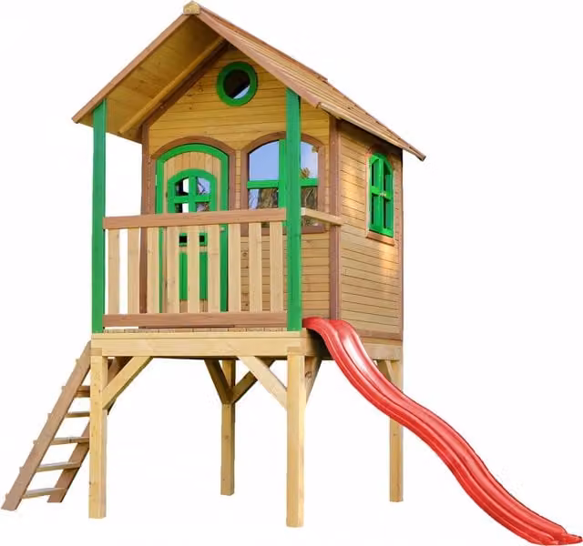 Casita de juegos Axi Laura de madera con tobogán rojo en marrón y verde para exterior