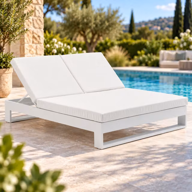 Cama de exterior y jardín PORTMOBEL de aluminio blanco con tejido náutico y reposacabezas ajustable