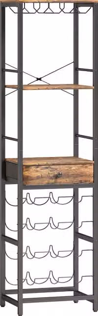 Mueble de bar para vinos HOMCOM en marrón rústico con soporte de copas, cajón botellero para 12 botellas y estante abierto de estilo industrial