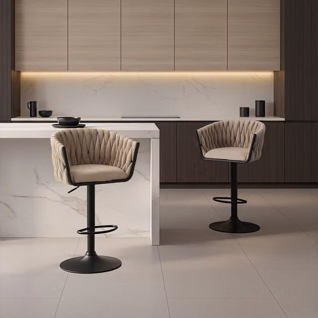 Set de 7 taburetes de bar SAMIR Home Deluxe con tejido de ratán y estructura de metal, regulables en altura, color beige