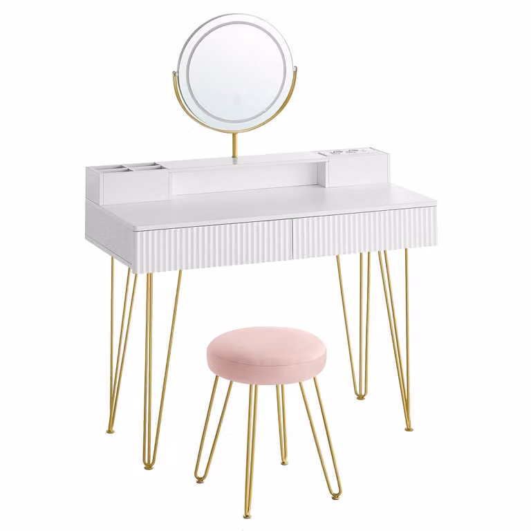 Tocador VASAGLE moderno con espejo giratorio y cajones en blanco mate y dorado, An/P/Al: 100 x 40 x 134,6 cm