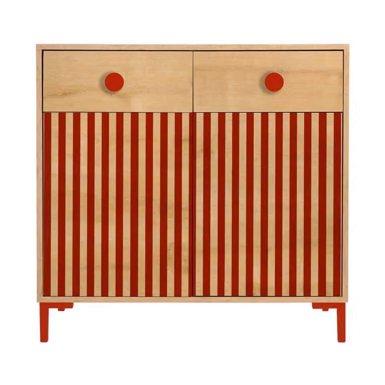 Cómoda infantil RNT by Really Nice Things con 2 puertas y 2 cajones con cierre suave en color roble y rayas rojas