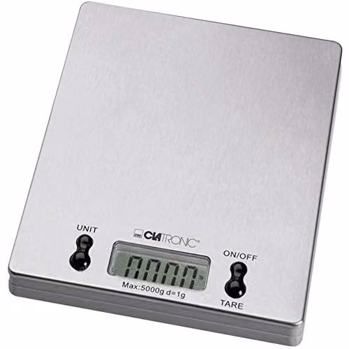 Báscula de cocina digital Clatronic KW 3367 en color plata con acero inoxidable, capacidad de 5 kg y función de tara