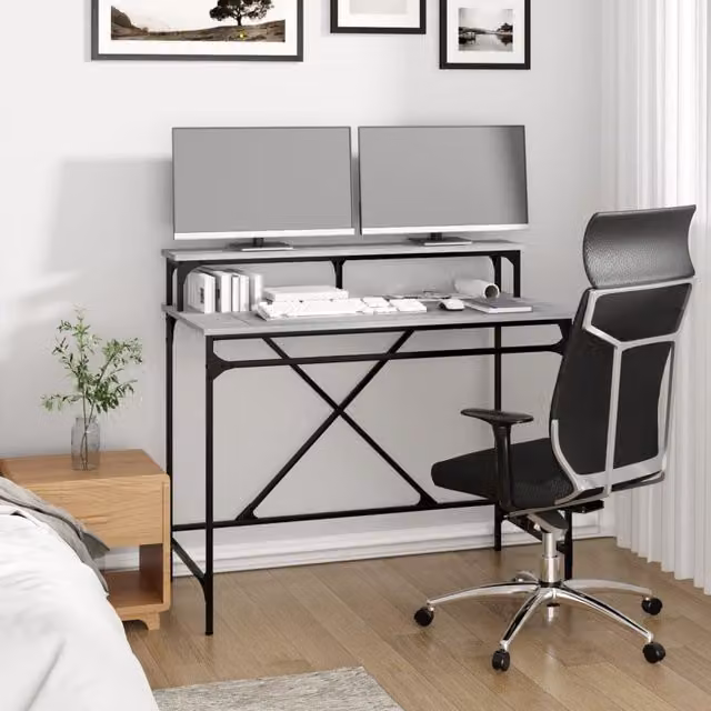 Escritorio de ordenador industrial SYFAX en gris con estructura de metal y superficie de madera An/P/Al: 100 x 50 x 90 cm