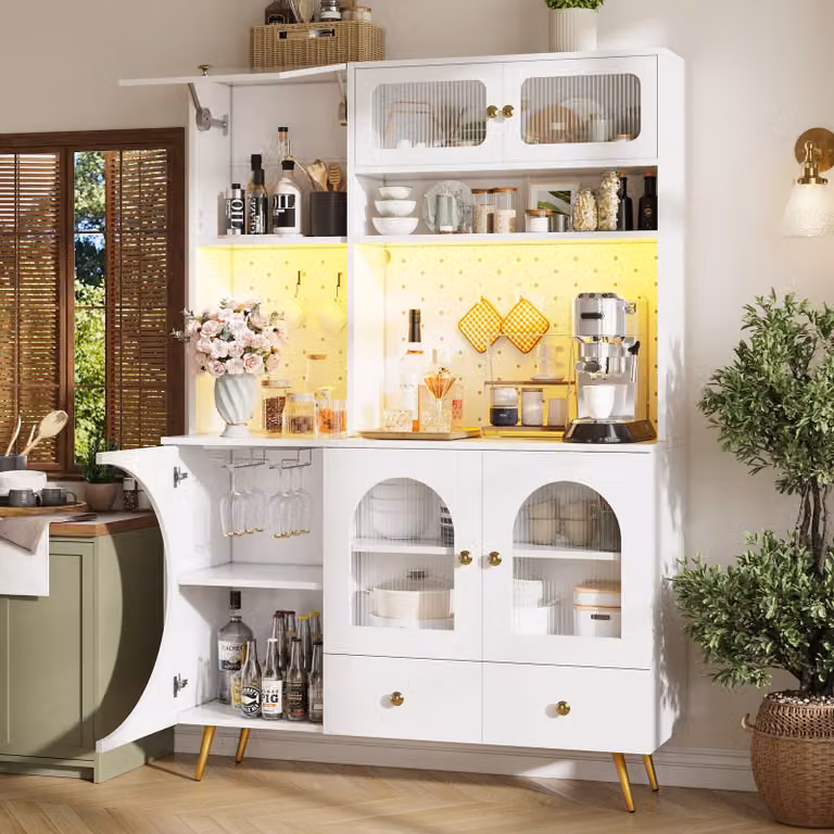 Armario alto de cocina y salón STILVORA con iluminación LED, puertos USB y estantes de cristal, color blanco, An/P/Al: 120 x 40 x 176 cm