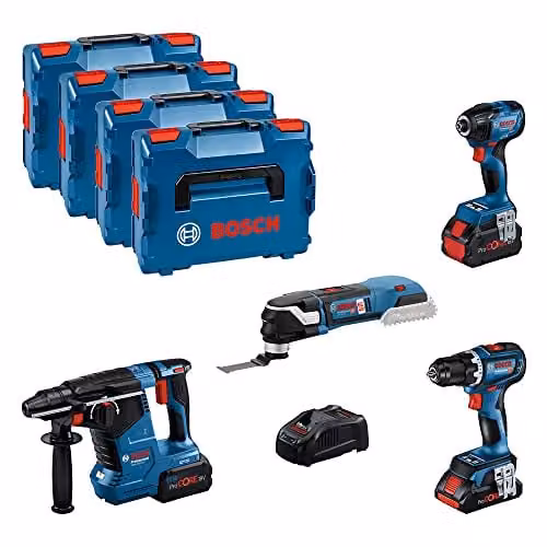 Set de herramientas Bosch Professional 18V con atornillador, atornillador de impacto, martillo perforador y multiherramienta, incluye 2 baterías ProCORE 5.5Ah, 1 batería ProCORE 4.0Ah y L-BOXX